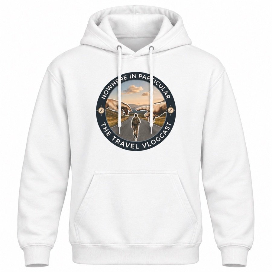 Nowhere in Particular Hoodie – White, Vlogcast Badge